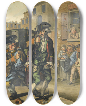 Triptych art skateboard deck of Robert Dighton The Frenchman In Distress by Robert Dighton (1751-1814)