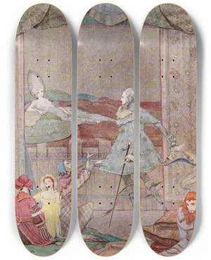Triptych art skateboard deck of Harry Clarke He Saw Upon A Bed The Finest Sight Was Ever Beheld by Harry Clarke (1889-1931)