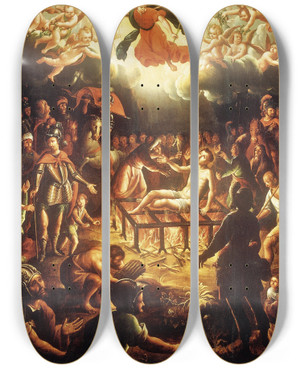 Triptych art skateboard deck of Hiplito De Rioja The Martyrdom Of Saint Lawrence by Hiplito de Rioja (17-) Triptych art skateboard deck of Hiplito De Rioja The Martyrdom Of Saint Lawrence by Hiplito de Rioja (17-)