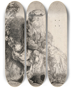 Triptych art skateboard deck of Rembrandt Van Rijn Abraham Caressing Isaac by Rembrandt Van Rijn (1606-1669)