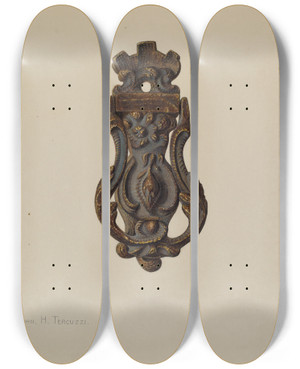 Triptych art skateboard deck of John H Tercuzzi Door Knocker by John H Tercuzzi