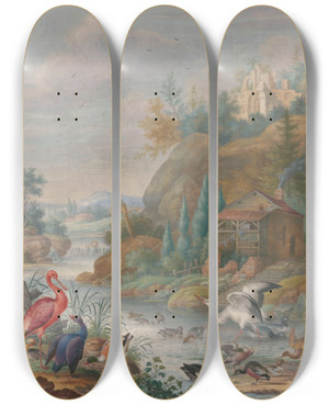 Triptych art skateboard deck of Herman Henstenburgh Gevogelte Bij Een Bergstroom by Herman Henstenburgh (1667-1726)