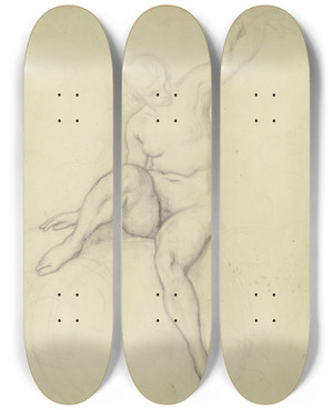 Triptych art skateboard deck of Victor Mller Auf Einer Wolke Sitzender Weiblicher Akt In Vorderansicht Den Linken Arm Erhoben by Victor Muller (1829-1871)