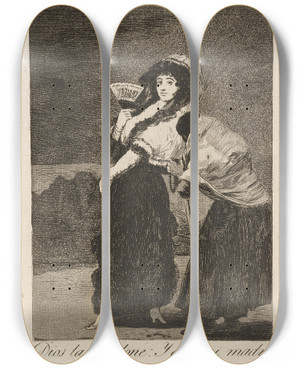 Triptych art skateboard deck of Francisco De Goya Dios La Perdone Y Era Su Madre For Heavens Sake And It Was Her Mother by Francisco de Goya (1746-1828)