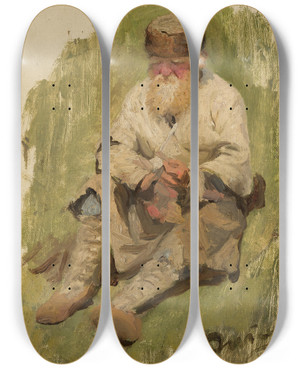 Triptych art skateboard deck of Ilya Efimovich Repin Study Of A Peasant On The Grass by Ilya Efimovich Repin (1844-1930)