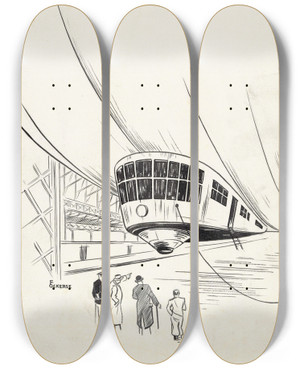 Triptych art skateboard deck of F Ockerse Vier Mannen Bekijken Een Luchtschip by F Ockerse (20-)