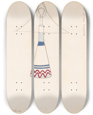 Triptych art skateboard deck of Winold Reiss Designs For Lamps With Triangular Shades Design With White Red And Metallic Silver by Winold Reiss (1886-1953)
