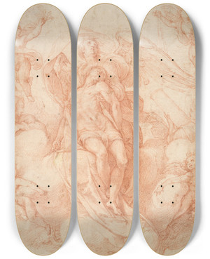 Triptych art skateboard deck of Federico Zuccaro The Dead Christ Supported Byangels by Federico Zuccaro (1542-1609)