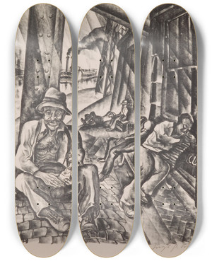 Triptych art skateboard deck of Joseph Paul Vorst Under The Bridge Saint Louis by Joseph Paul Vorst (1897-1947)