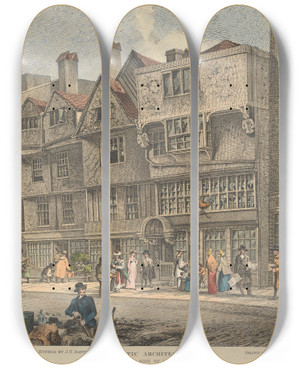 Triptych art skateboard deck of John Thomas Smith Houses On The South Side Of Leadenhall Street by John Thomas Smith (1766-1833)