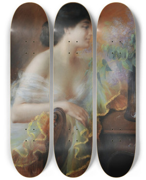 Triptych art skateboard deck of Delphin Enjolras Femme Au Bouquet De Lilas by Delphin Enjolras (1857-1945)