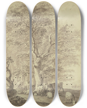 Triptych art skateboard deck of Johann Georg Pforr Rinderherde Mit Zwei Schafen Und Dem Hirten Unter Einer Eiche Rastend by Johann Georg Pforr (1745-1798)