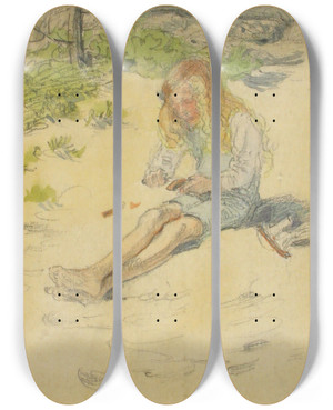 Triptych art skateboard deck of Venny Soldanbrofeldt Antti Carving A Bark Boat by Venny Soldan-Brofeldt (1863-1945)