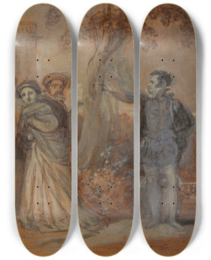Triptych art skateboard deck of Robert Smirke Malvolio Abusing Maria Fabian And Sir Toby by Robert Smirke (1752-1845)