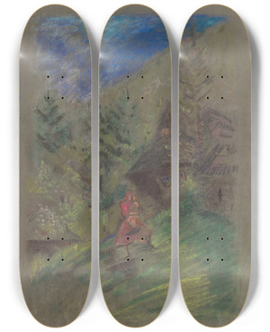 Triptych art skateboard deck of Arnold Peter Weiszkubnan Woman With A Child In Front Of Cottages by Arnold Peter Weisz-Kubnan (1898-1944)