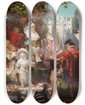 Triptych art skateboard deck of Heinrich Hans Schlimarski Hfische Unterhaltung by Heinrich Hans Schlimarski (1859-1913)