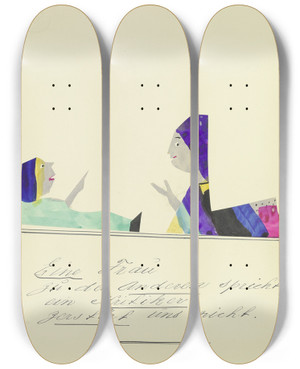 Triptych art skateboard deck of John Elsas Eine Frau Zu Der Anderen Spricht by John Elsas (1851-1935)