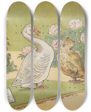 Triptych art skateboard deck of Leonard Leslie Brooke Owl And Goose Talking by Leonard Leslie Brooke (1862-1940)