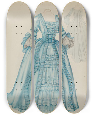 Triptych art skateboard deck of Eleanor Ruelos Carriage Dress by Eleanor Ruelos