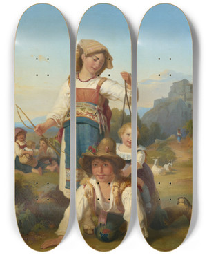 Triptych art skateboard deck of Johann Baptist Kirner Children At Play by Johann Baptist Kirner (1806-1866)