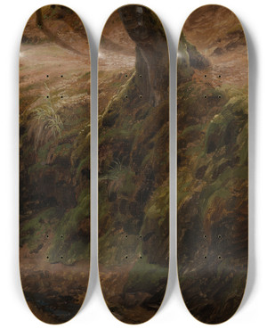 Triptych art skateboard deck of Johann Wilhelm Schirmer Waldbschung Mit Baumstamm by Johann Wilhelm Schirmer (1807-1863)