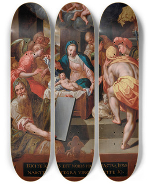 Triptych art skateboard deck of Jacob De Backer The Adoration Of The Shepherds_2 by Jacob De Backer (1555-1585)
