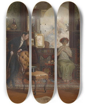 Triptych art skateboard deck of Rudolf Rssler Berraschender Besuch by Rudolf Rossler (1864-1934)