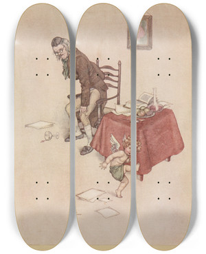 Triptych art skateboard deck of William Heath Robinson He Jumped Down From The Old Mans Lap And Danced Around Him On The Floor by William Heath Robinson (1872-1944)