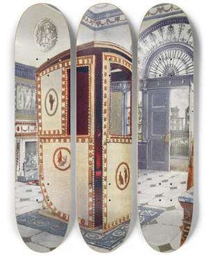 Triptych art skateboard deck of Edwin Foley Painted And Lacquered Sedan Chair With Domed Top by Edwin Foley (1859-1912)