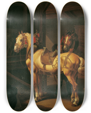 Triptych art skateboard deck of Johann Baptist Dallinger Von Dalling Zwei Zugpferde Im Stall by Johann Baptist Dallinger Von Dalling (1782-1868)
