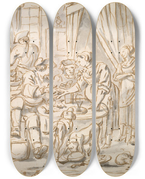 Triptych art skateboard deck of Charles Parrocel Interior Scene With Soldiers At A Table by Charles Parrocel (1688-1752)