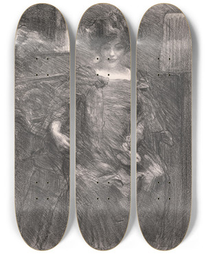 Triptych art skateboard deck of Albert De Belleroche Untitled Woman by Albert De Belleroche (1864-1944)