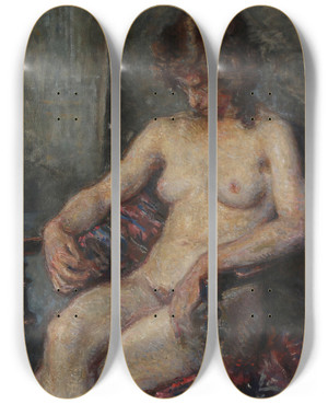 Triptych art skateboard deck of Viggo Johansen En Ngen Kvindelig Model Siddende P En Stol by Johansen Viggo (1851-1935)
