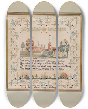 Triptych art skateboard deck of Robert Stewart Sampler by Robert Stewart (20-)