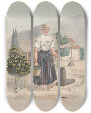 Triptych art skateboard deck of Alfred Diston Woman Of El Miradero Tenerife by Alfred Diston (1793-1861)
