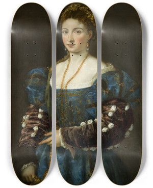 Triptych art skateboard deck of Titian Portrait Of A Lady La Bella by Titian (1488-1576) Triptych art skateboard deck of Titian Portrait Of A Lady La Bella by Titian (1488-1576)
