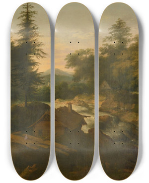 Triptych art skateboard deck of Allaert Van Everdingen River Landscape With Cottage by Allaert Van Everdingen (1621-1675)