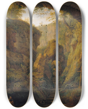 Triptych art skateboard deck of Jakob Philipp Hackert Saint Francis Grotto On Monte Verna_2 by Jakob Philipp Hackert (1737-1807)
