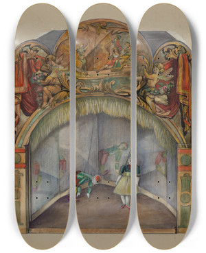 Triptych art skateboard deck of Mina Lowry Toy Theater With Automatic Dancer by Mina Lowry (1894-1942)