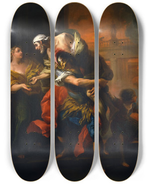Triptych art skateboard deck of Charlesandr Van Loo Aeneas Rescuing His Father From The Fire At Troy by Charles-Andr van Loo (1705-1765)