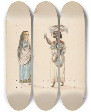 Triptych art skateboard deck of Francisco Fierro Native Women Of Trujillo by Francisco Fierro (1807-1879)