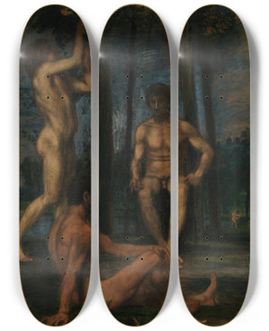 Triptych art skateboard deck of Hans Von Mares Drei Jnglinge Unter Orangenbumen by Hans Von Marees (1837-1887)