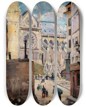Triptych art skateboard deck of Emile Antoine Guillier Notredame Vue De La Rue De Lhtelcolbert by Emile Antoine Guillier (1849-1883)