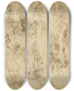 Triptych art skateboard deck of Ambrogio Figino Studies Of Figures Verso by Ambrogio Figino (1548-1608)