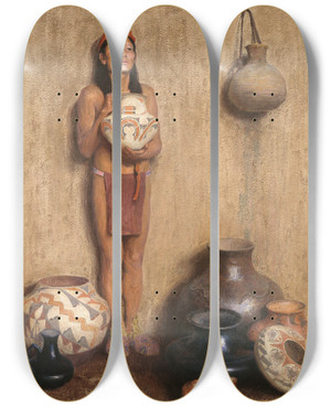 Triptych art skateboard deck of Eanger Irving Couse Pottery Vendor by Eanger Irving Couse (1866-1936)