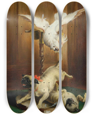 Triptych art skateboard deck of Carl Reichert Pug Pandemonium by Carl Reichert (1836-1918)