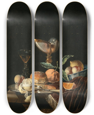 Triptych art skateboard deck of Juriaen Van Streeck A Nautilus Cup A Wanli Kraak Porcelain Bowl With Mixed Fruit A Silver Salver And A Glass Of Wine On A Stone Table With A Velvet Cover by Juriaen Van Streeck (1632-1687) Triptych art skateboard deck of Juriaen Van Streeck A Nautilus Cup A Wanli Kraak Porcelain Bowl With Mixed Fruit A Silver Salver And A Glass Of Wine On A Stone Table With A Velvet Cover by Juriaen Van Streeck (1632-1687)