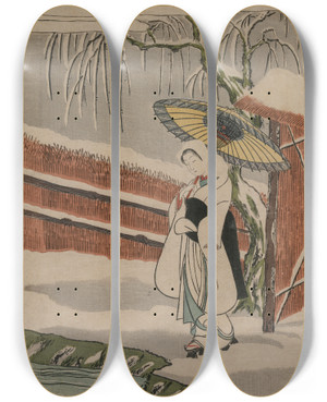 Triptych art skateboard deck of Suzuki Harunobu The Heron Maiden Standing Beneath A Willow Tree by Suzuki Harunobu (1724-1770)