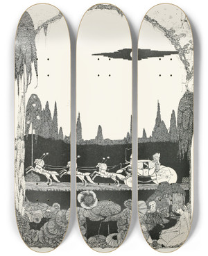 Triptych art skateboard deck of Harry Clarke Away She Drove Scarce Able To Contain Herself For Joy by Harry Clarke (1889-1931)