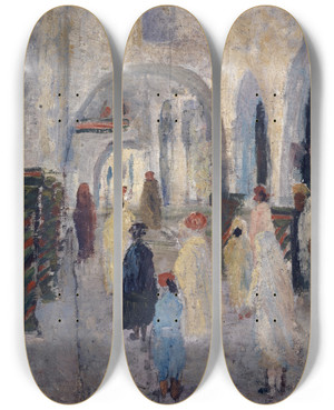 Triptych art skateboard deck of Ernst Schiess Arcaded Street In A North African Town by Ernst Schiess (1872-1919)